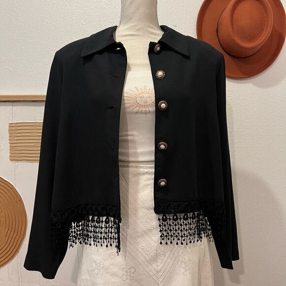 FTLTD Black Vintage 90s Fringe Trim Gold Button Front Cropped Blazer Jacket USA - Picture 13 of 13